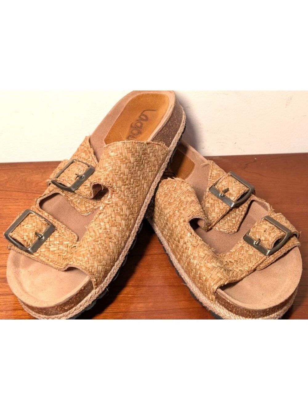 Lagoa Natural Raffia Double Strap Buckle Sandal, EU 38